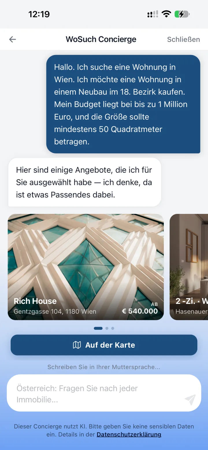 Der WoSuch Concierge beantwortet eine Suchanfrage mit passenden Objekten