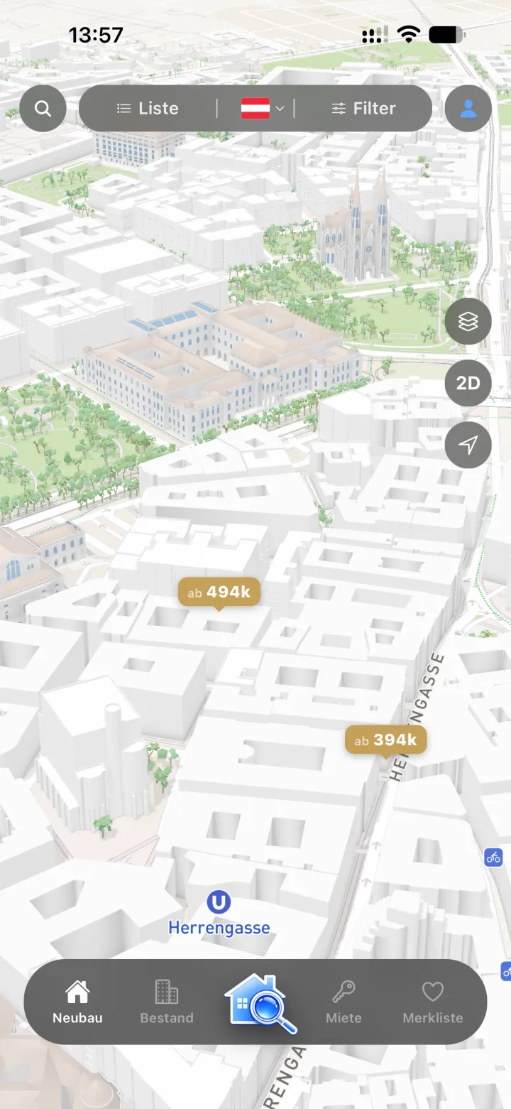 Die 3D-Karte der WoSuch App mit Preisen in Wien