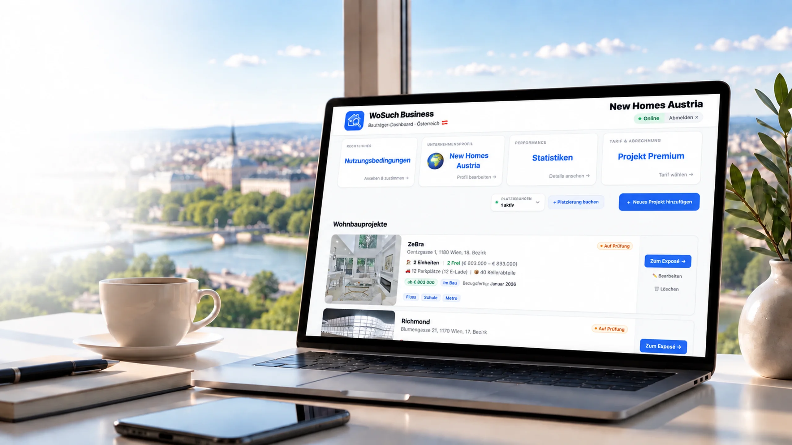 Das Bauträger-Dashboard von WoSuch Business auf einem Laptop