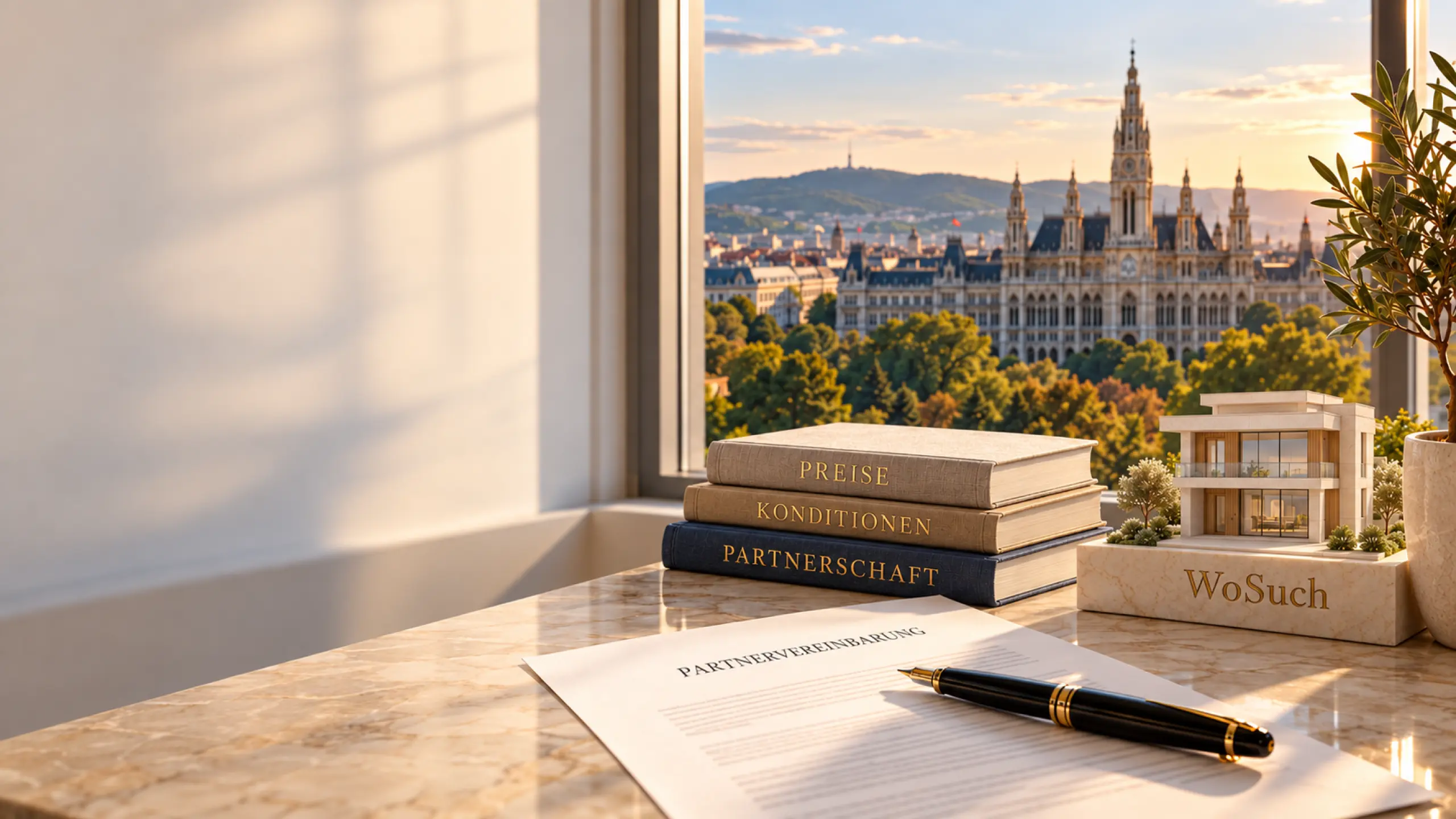 Schreibtisch mit einer Partnervereinbarung, dahinter der Blick über die Stadt